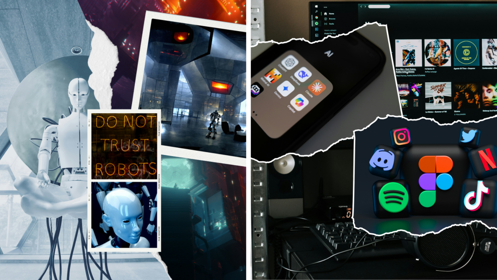 Split-screen illustration showing AI as imagined in sci-fi contrasted with everyday AI in modern life.