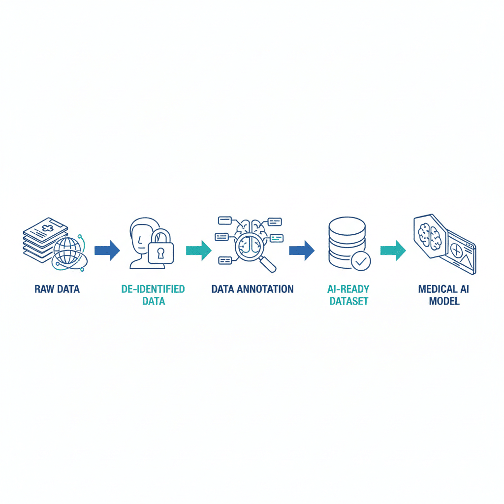 Healthcare data annotation pipeline diagram from data collection to AI-ready output